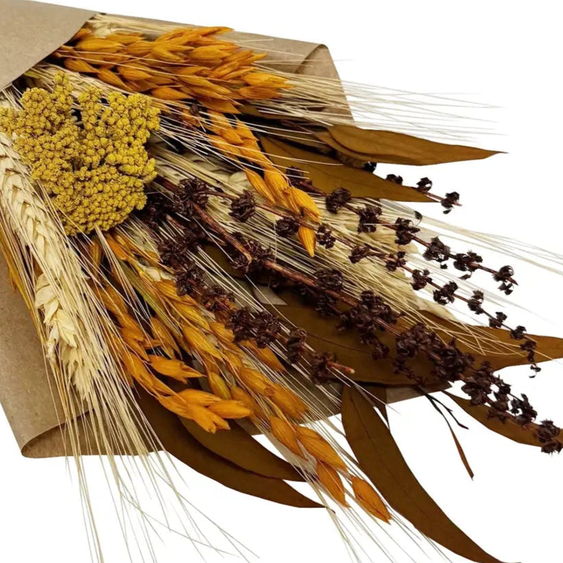 Bouquet of dried flowers and grasses tied with brown paper on a white background