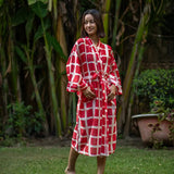 Red & White Squares Silk Kimono Robe