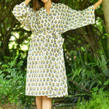 Nasli Blue Yellow Cotton Kimono Robe